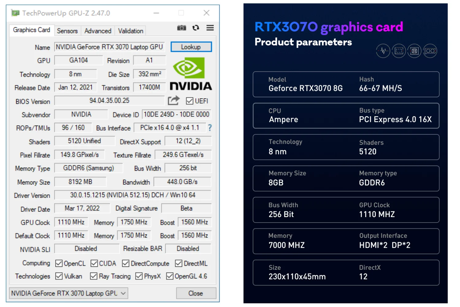 Imagem -06 - Rtx 3070 8g Placa Gráfica Não Lhr 256 Bit Gddr6 Placas de Vídeo Hdmi-compatível dp Nvidia Rtx3070m 8gb Computador Portátil de Mineração Gpu Cartão de Jogo