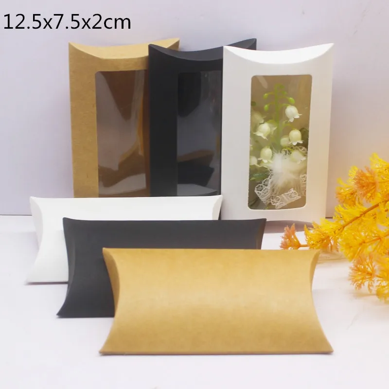 DIY blank paper gift box .Mutli size pillow gift box with clear pvc window,kraft/white/black paper window box for gift 10pcs