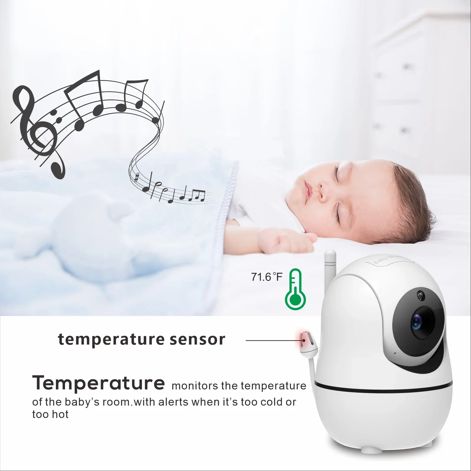 Babystar 5 inch video-babyfoon met twee camera's en audio, nachtzicht, 4x zoom, bereik van 1000 meter 2-weg audiotemperatuursensor