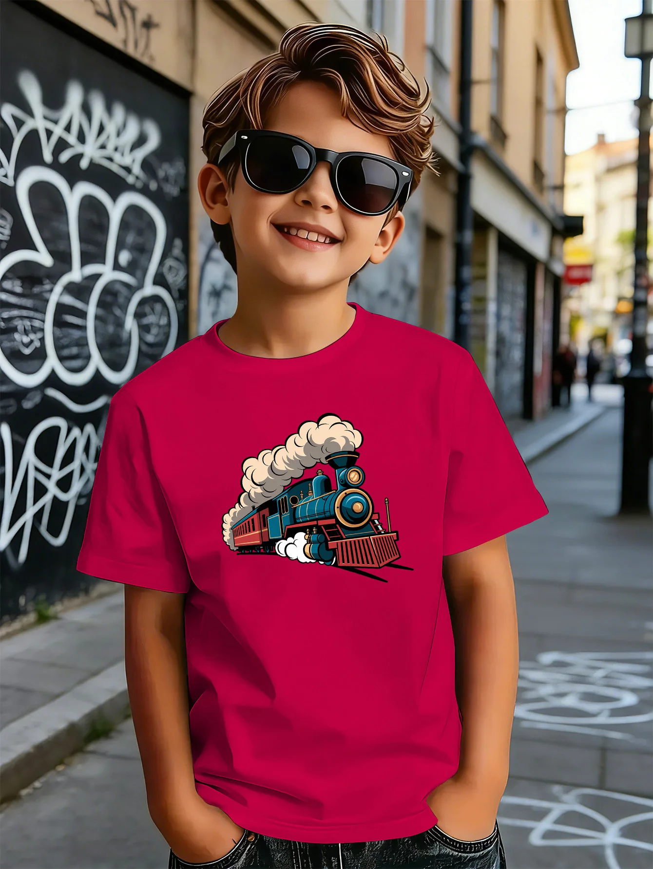 Vintage Steam Locomotive Cartoon Print Kids T Shirt Boys Girls Short Sleeve Crew Neck Cotton Vehicle Parent Child Matching Tees