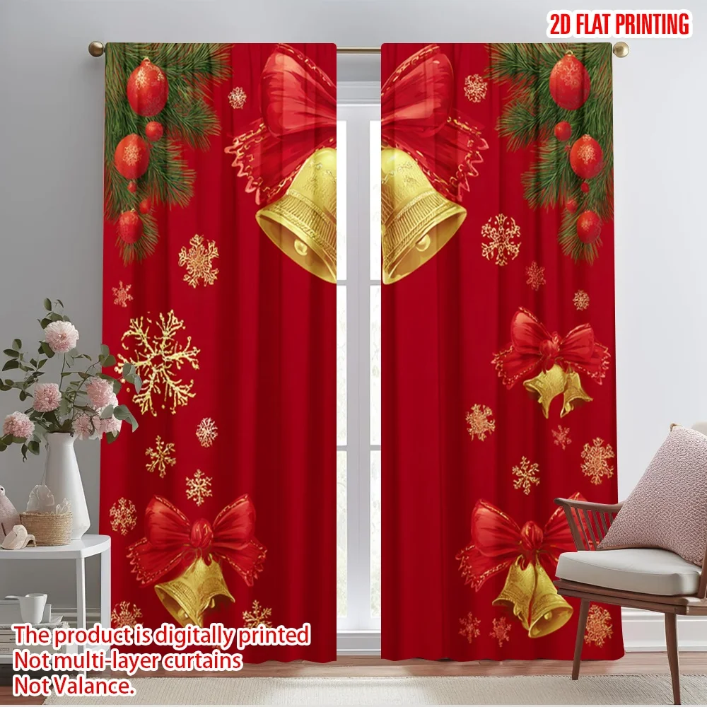 2pcs,2D plane printing Curtain Fabric Christmas Tree Colorfuls Christmas Balls Winter Snow Landscape Versatile Polyester
