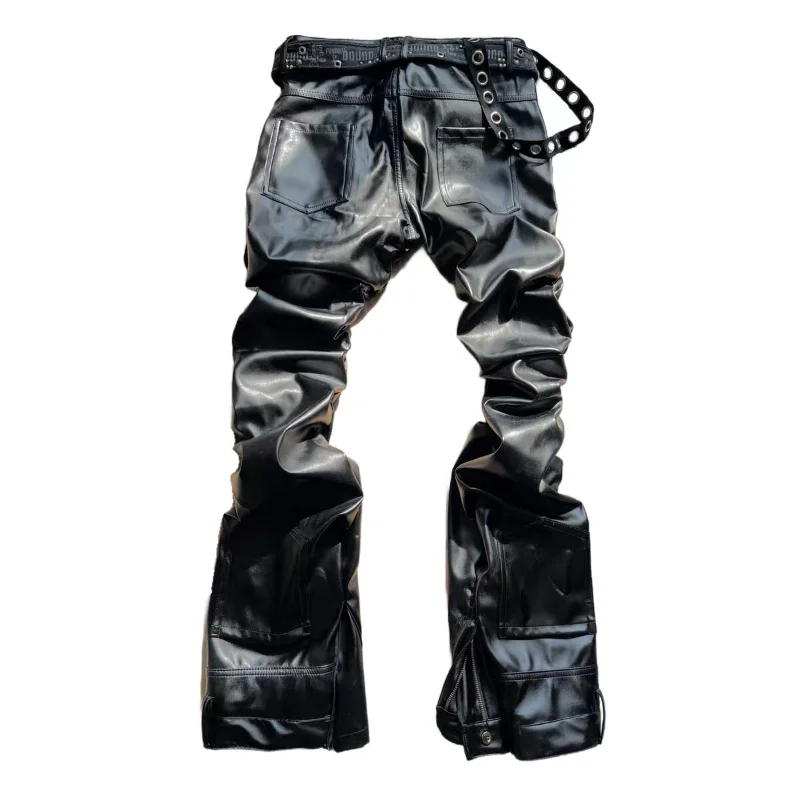 MWJLPWQ Hiphop Style Pocket Design Black Leather Pants Spliced Pleated Niched Punk Slimming Flared Trousers Spring Autumn 16373