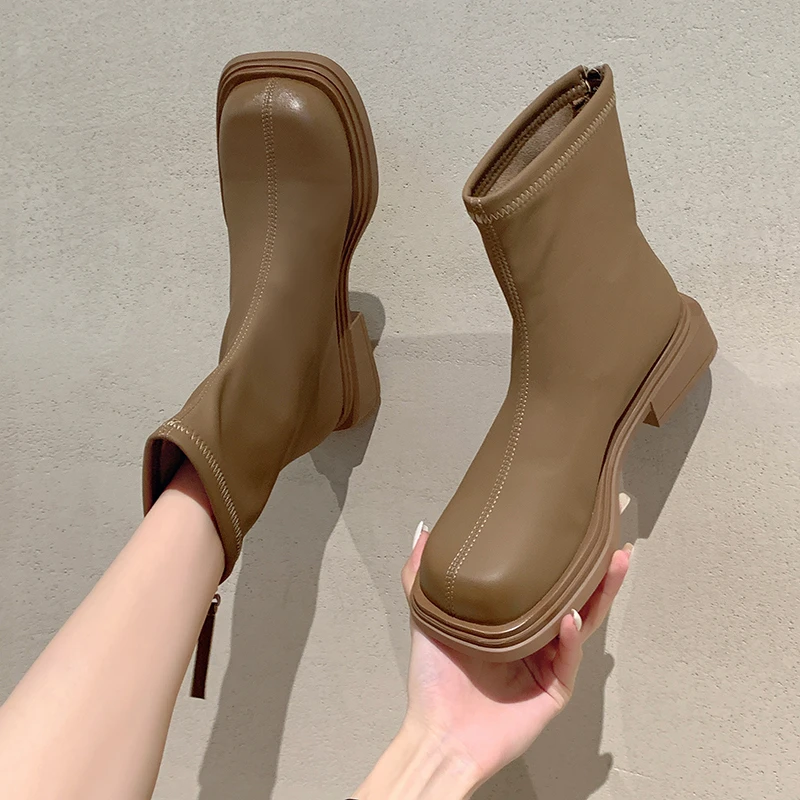 2023 Women's Shoes Winter Basic Ankle Women's Boots Concise Modern Boots Women Sewing Square Toe Square Heel Shoes Women Zapatos