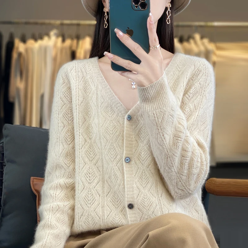 Women\'s V-Neck Spring and Autumn 100% Wool Cashmere Cardigan Women\'s Knit Sweater Super Soft Loose Large Size Long Sleeve Shirt