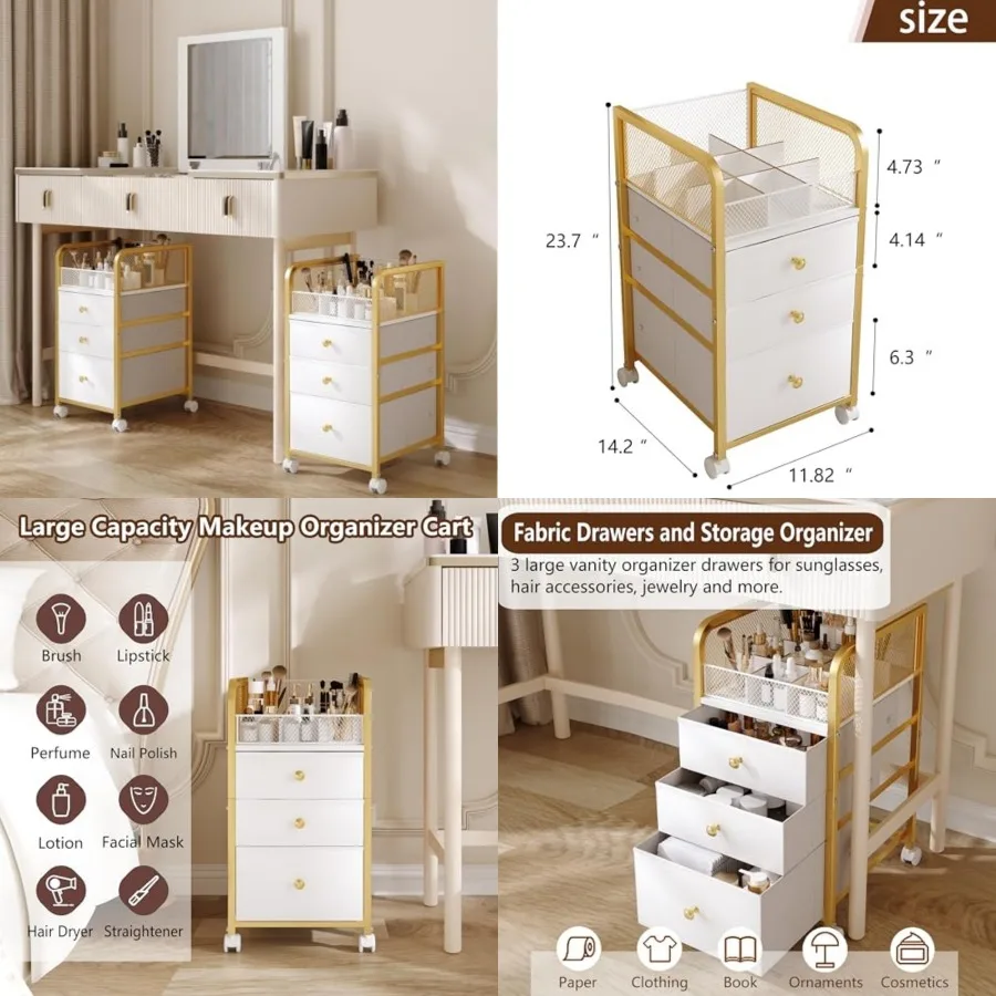 

Rolling Makeup Organizer Cart with 3 Drawers, Under Desk Vanity Makeup Storage Cart, Bathroom Storage Cart Cosmetic Display Cas
