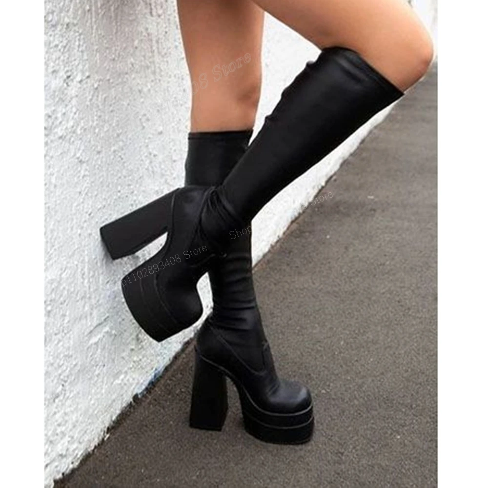 Black Matte Leather Elastic Mid Calf Boots Platform Chunky High Heel Stretch Boots Women Shoes 2024 New Sexy Zapatos Para Mujere