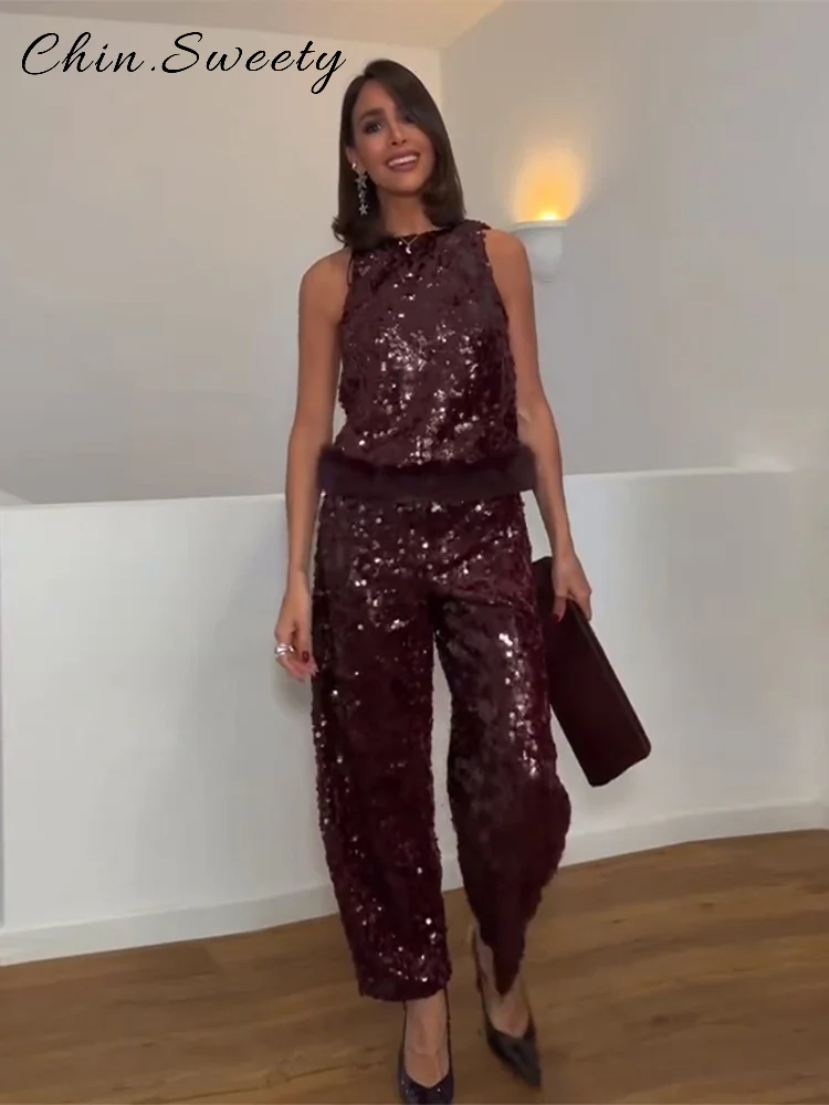 Conjuntos de pantalones y chaleco de plumas empalmados con lentejuelas para mujer, Tops sin mangas con cuello redondo y espalda descubierta, pantalón de pierna ancha, traje de fiesta para primavera 2026