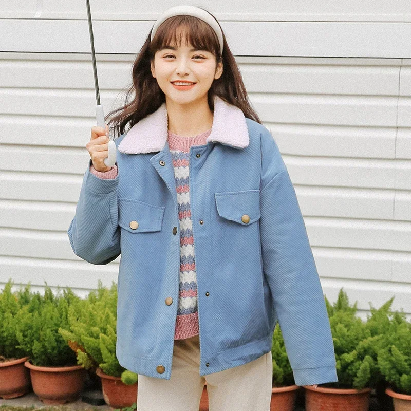 Parka da donna Velluto a coste Ulzzang Lana d'agnello Colletto rovesciato Cappotti Addensare Femme Bella Doudoune Accogliente monopetto Dolce Studenti