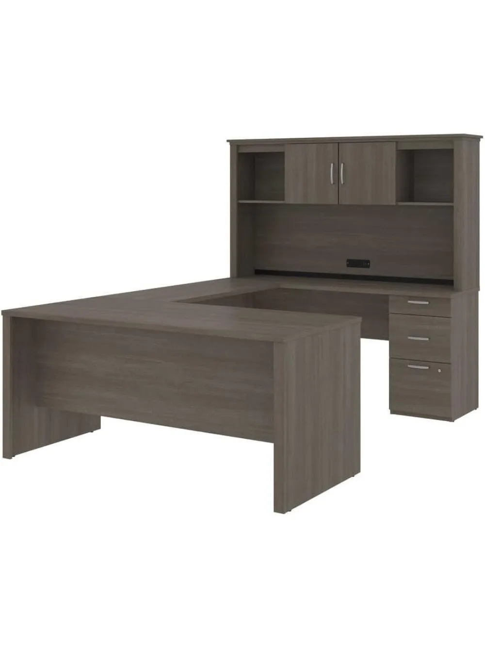 U or L-Shaped Executive Office Desk with Pedestal and Hutch in bark Grey, 66W