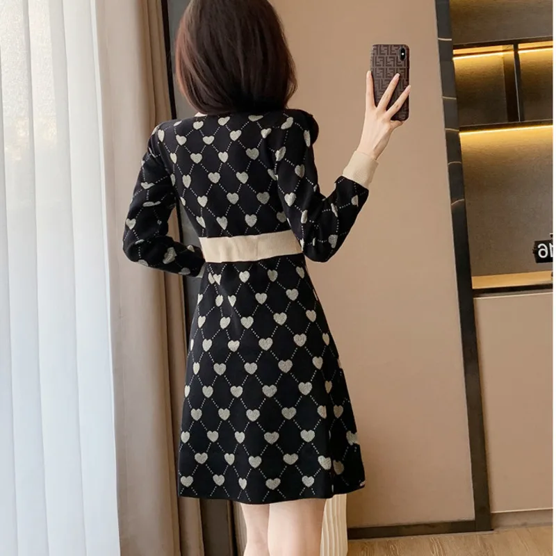 #0962 Black Plaid Kntted Mini Dress Round Neck Buttons High Waisted Vintage Short Vintage Sweater Dress Women Elegant Autumn2023