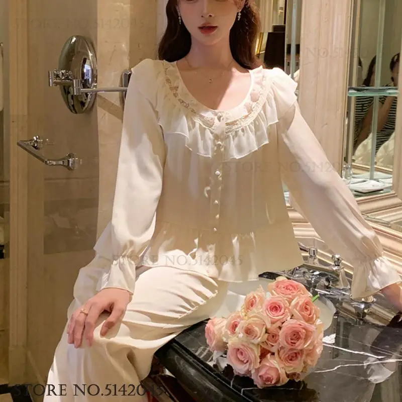 2PCS Pajamas Set Women\'s Sleepwear French Romantic Ruffled Lace Long Sleeve Trouser Suits Home Clothing Silk Satin Loungewear