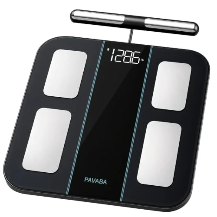 Smart scale for home use, tempered glass in black, 8-electrode body composition analysis with 57 health metrics, BMI, muscle ma