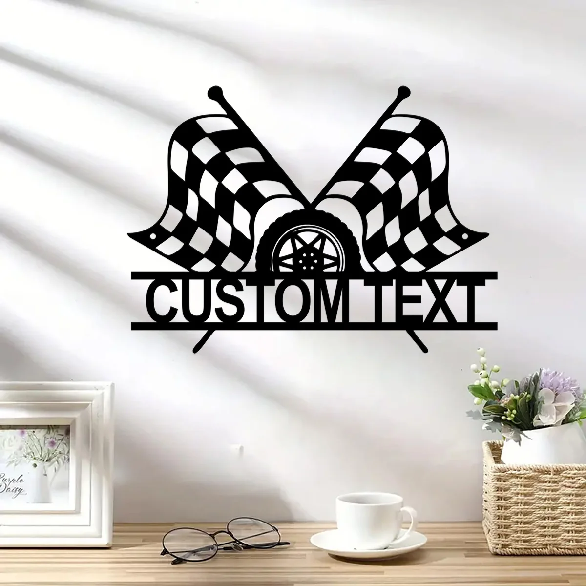 Custom Personalized Black White Checkered Racing Flag Name Metal Wall Art Sign, Custom Racer Name Metal Hanging Sign
