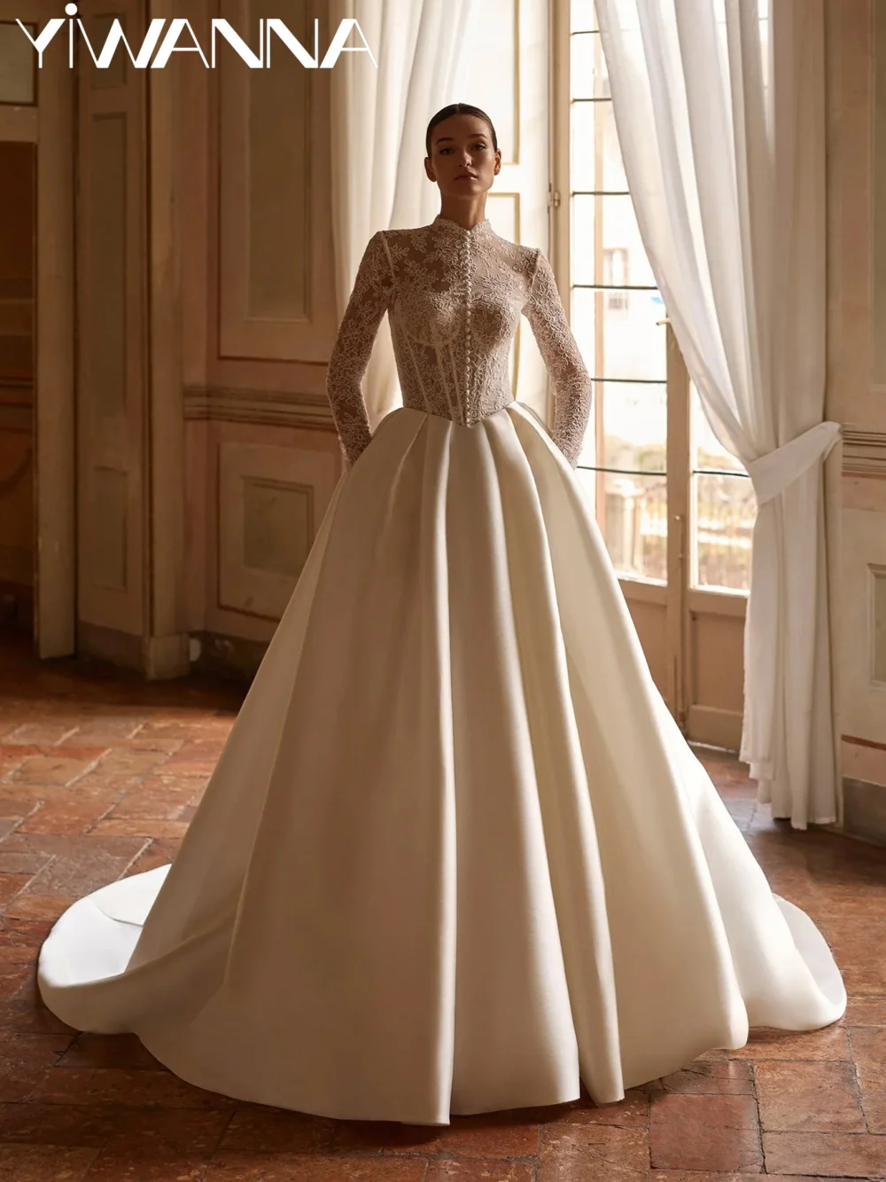 

Ivory Lace High Collar Wedding Dress Modest Satin A-line Floor-length Bridal Gown New Customized Dreamy Dresses For Bride