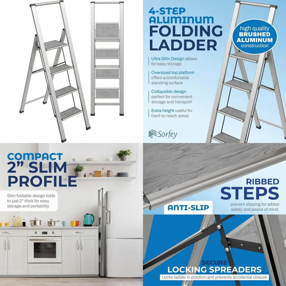 سلم قابل للطي بأربعة خطوات - خشب رمادي وألومنيوم فضي أنيق، تصميم نحيف، معالجات مضادة للانزلاق، متينة ومحمولة، مثالية للحمل