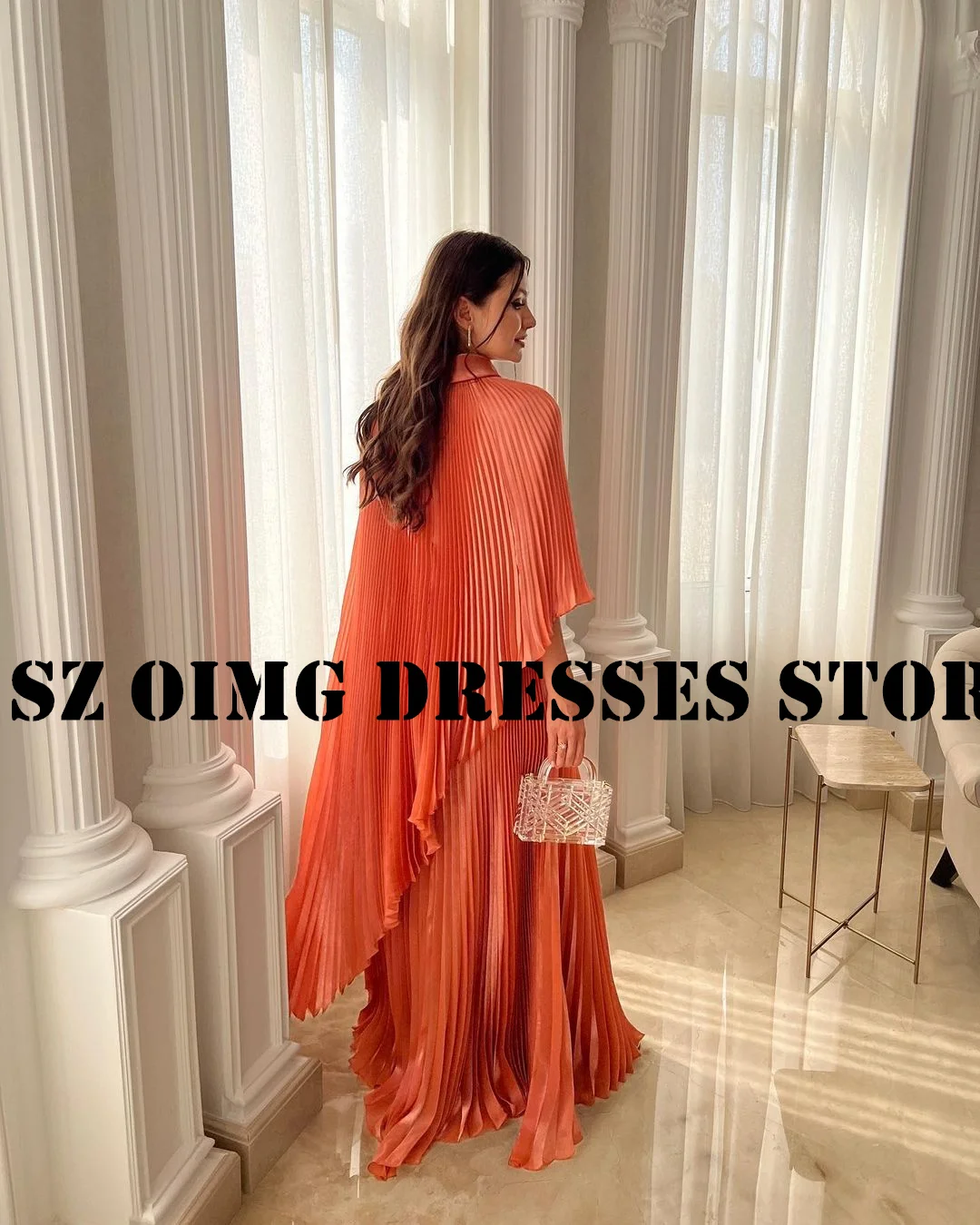 OIMG New Design High Neck Pleated Prom Dresses Arabic Women Cap Sleeves Satin A-Line Orange Evening Gowns Formal Party Dress