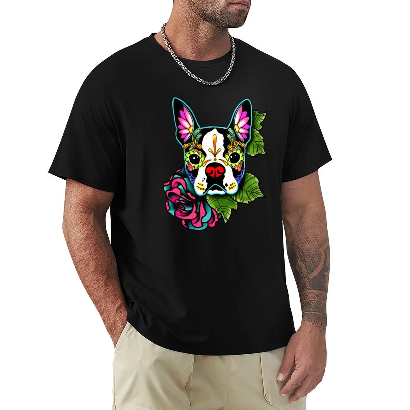

Boston Terrier in Black - Day of the Dead Sugar Skull Dog T-Shirt Summer Holiday Casual Tee