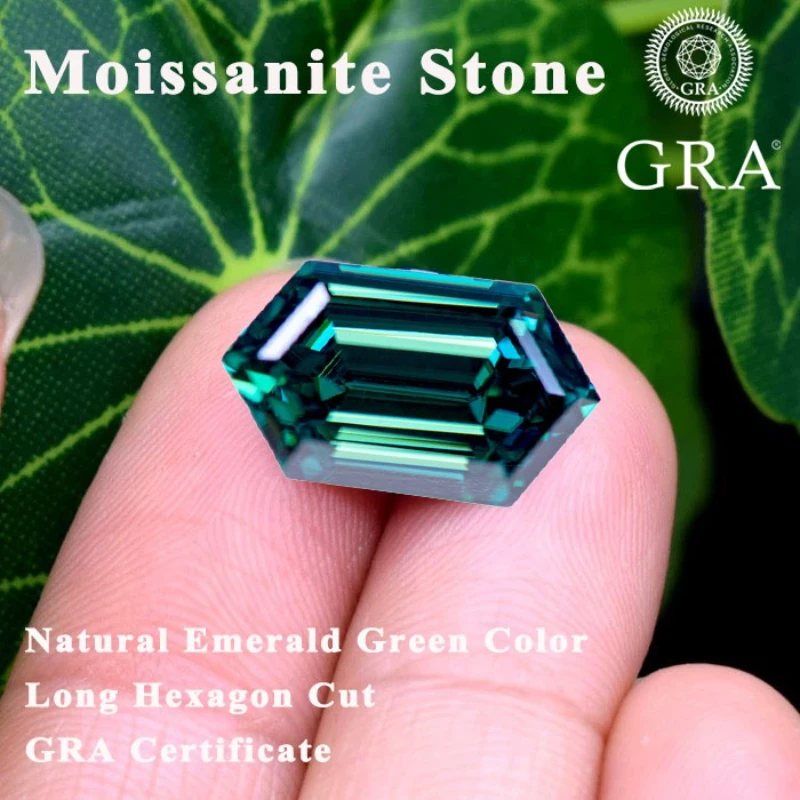 

Moissanite Stone Natural Emerald Green Color Long Hexagon CutDIY Advanced Charms Jewelry Rings Earrings Making Certificate