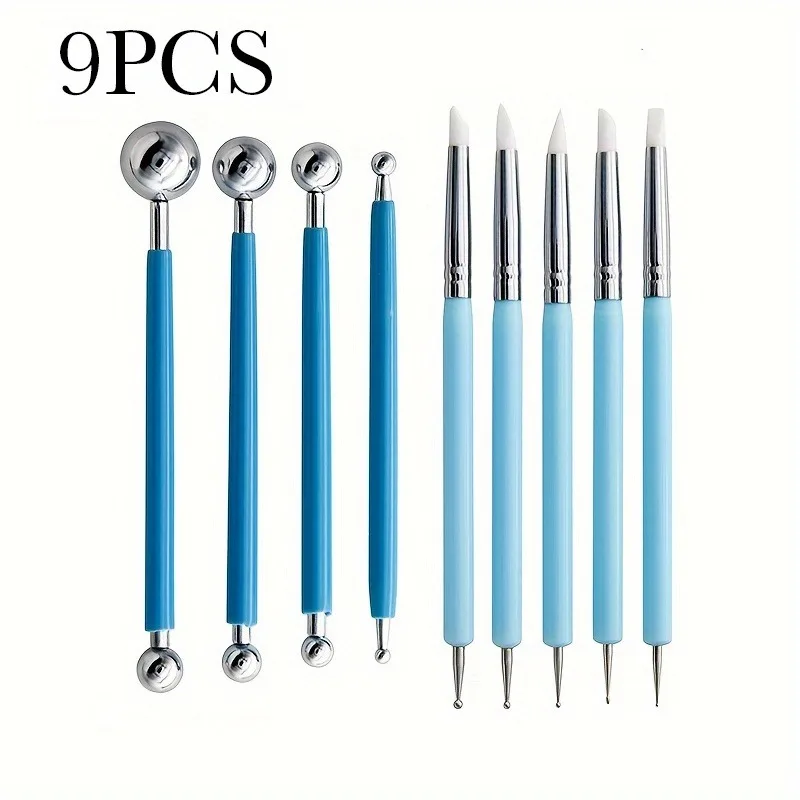 9pcs Pottery Tool Pieces Stylus Tools 2 Way Total 10 Different DIY Silicone Ceramic Clay Indentation Tool Metal Ball Tools Suppl