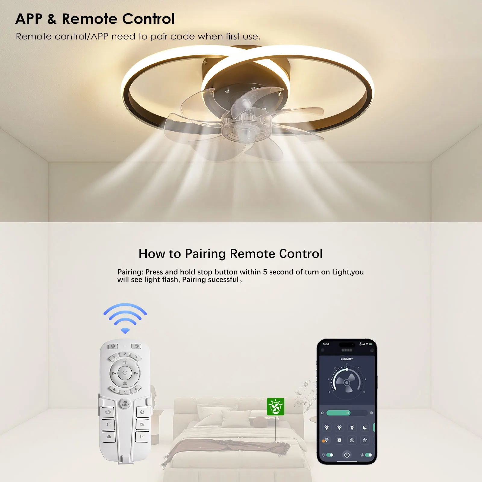 

Ceiling Fan With Light Smart APP+Remote Control Living Room Dining Room DC Motor 6 Speeds 52CM Fan Lighting Low Floor Fan Lamp