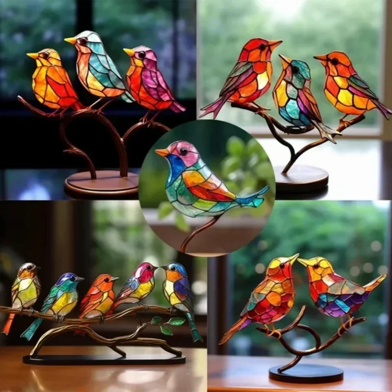 Stained Glass Birds On Branch Desktop Ornaments Double Sided Multicolor Birds Alloy Ornaments Bird Series Acrylic Decorations