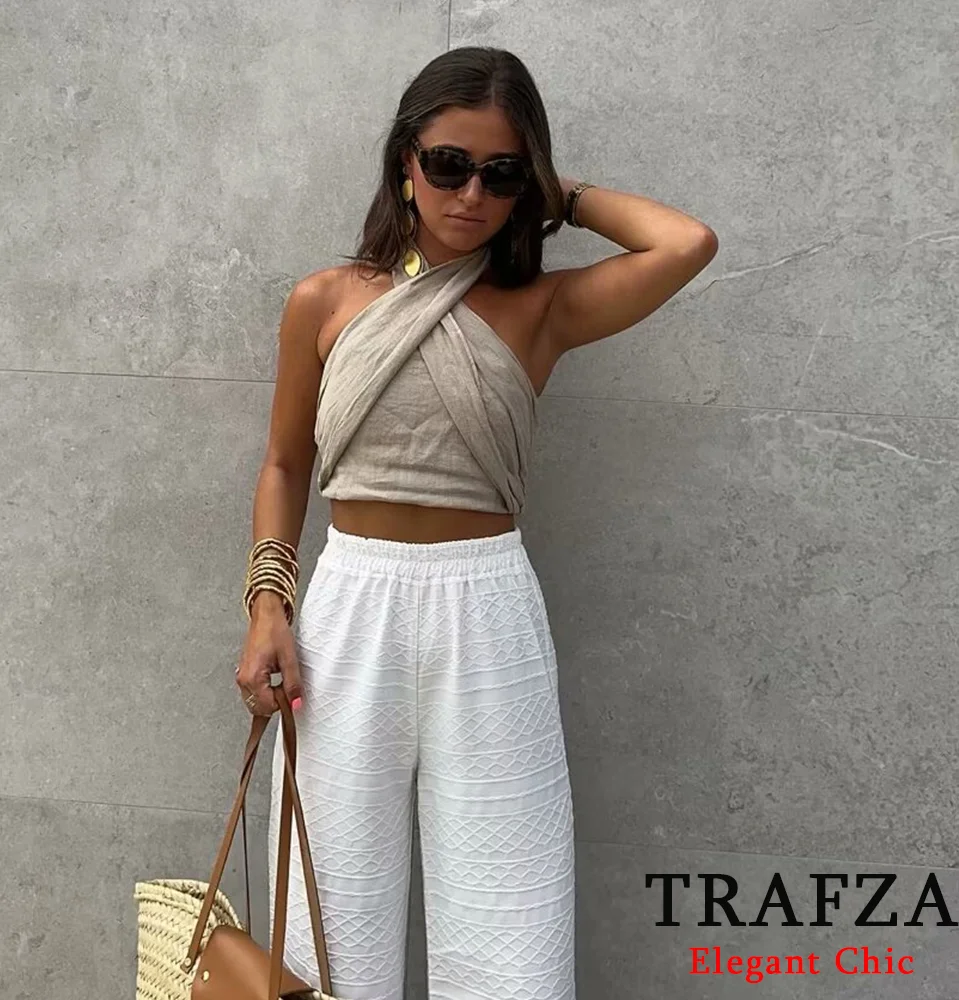 TRAFZA-Conjunto de camisola cruzada de lino para mujer, Top con cuello Halter y pantalón, moda de verano, 2024