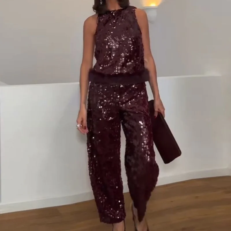 Sexy Shinny Paillettes Gilet Pantalone O Colletto Orlo peloso Halter Top Pantaloni larghi solidi 2025 Nwe Lady Fashion Party Streetwear