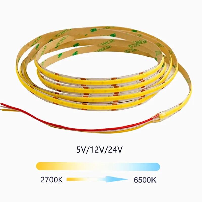 5V 12V 24V CCT COB Strip Light 2700K-6500K Tunable LED Tape Linear Dimmable Ribbon CRI90 Double Colors Adjustable