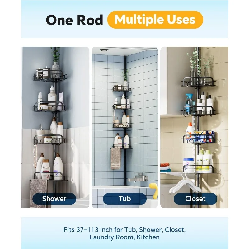 Corner Shower Caddy Tension Pole, 4-Tier Bathroom Organizer Shelves,  for Bathtub Shampoo Storage 37-113 Inches