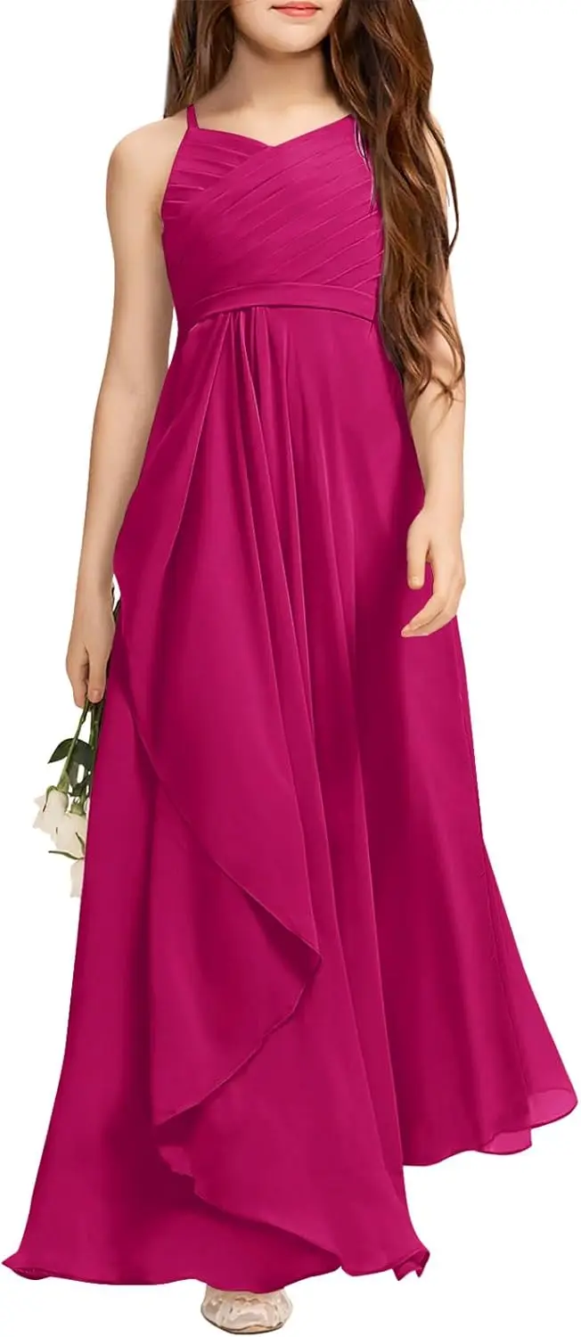 A-Linie Neckholder-Maxikleid für Mädchen, fließendes Chiffon-Blumenmädchenkleid für Junior-Brautjungfer, für Hochzeit, Party, Festzug