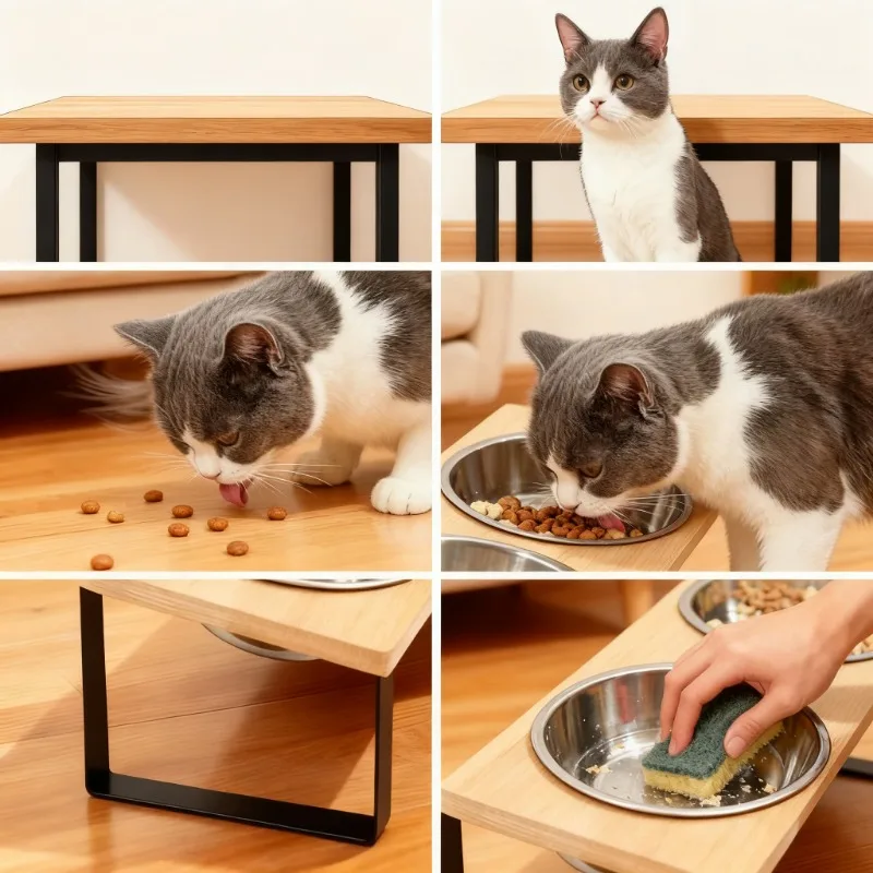 

Raised Cat Food Bowls with Wooden Stand - 15° Tilted Elevated Design, 2/3 Stainless Steel Bowls Anti Vomiting for Cats & Puppy