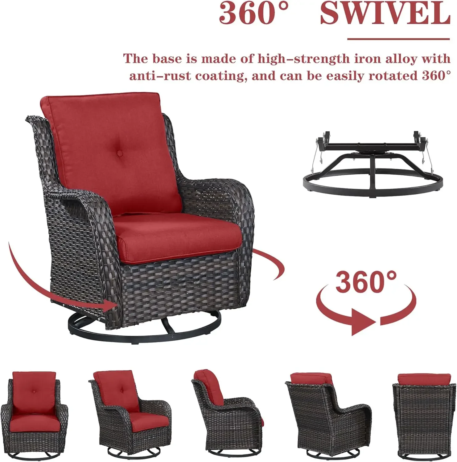 360 Degree Swivel Glider Seating Wicker Rocking Chairs Set of 2 with High Back Deep Seat for Porch Balcony Deck, Brown/Red