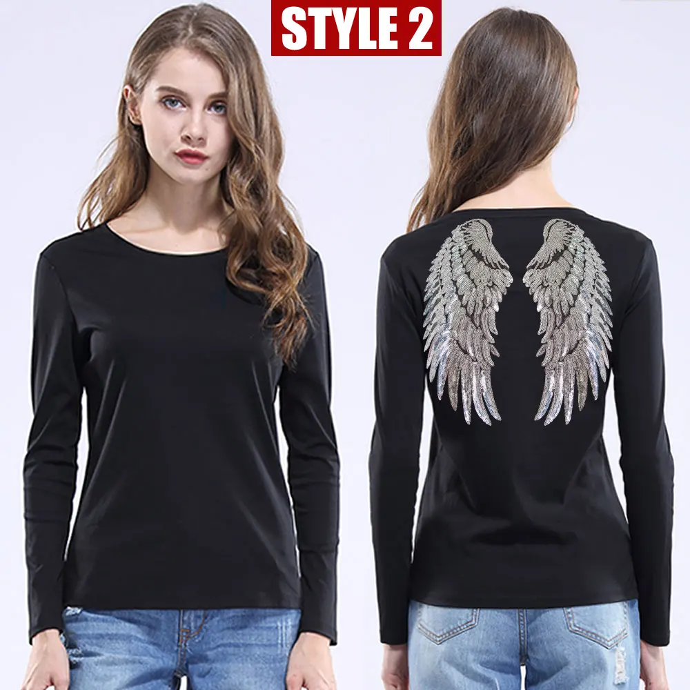 2024 Punk Rock Style Angel Wings Appliques T Shirt Women Summer Sequin Harajuku T-shirt Female Casual Full Sleeve Tops Tee Shirt