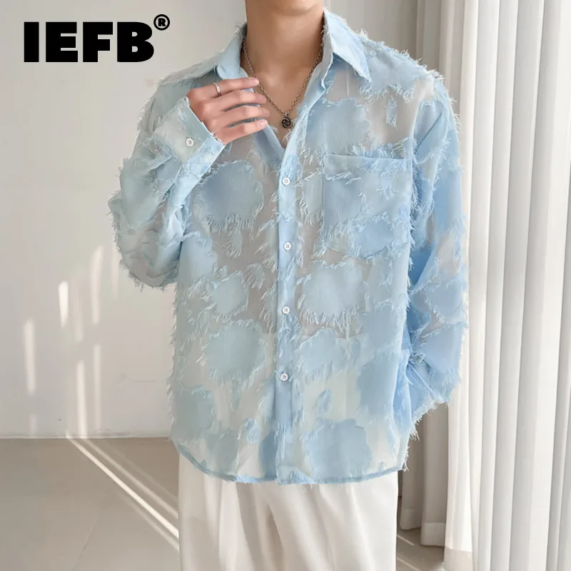 IEFB Men\'s Summer Trendy New Mesh Shirts Fashion Hollow Solid Color Long Sleeve Tops Niche Design Printing Casual Cardigan 9C464