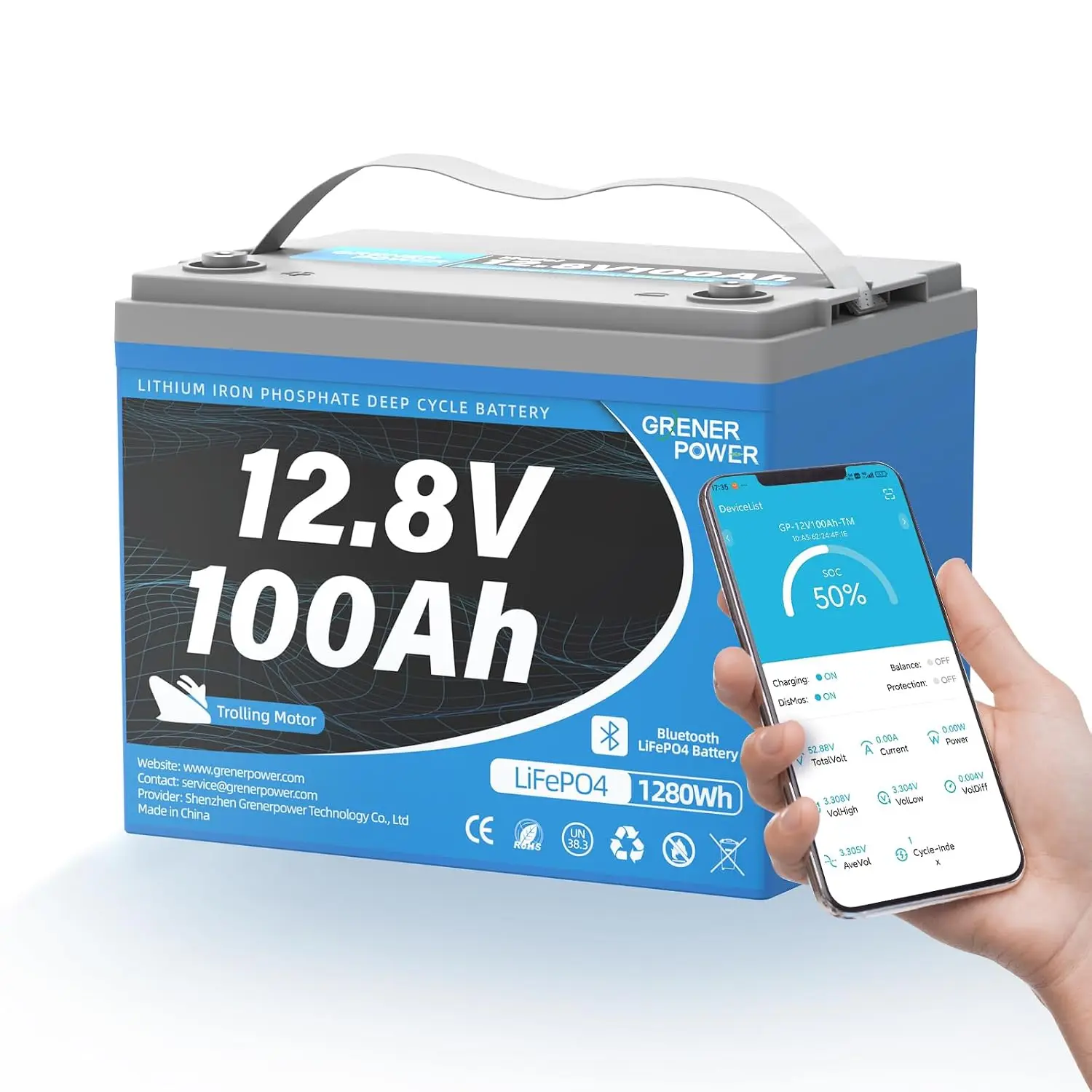 12.8V100Ah LiFePO4 Battery, Group 24 Lithium Battery, 120A BMS, Bluetooth & Low-temp. protection, 1280Wh Energy, Up to 4P4S for
