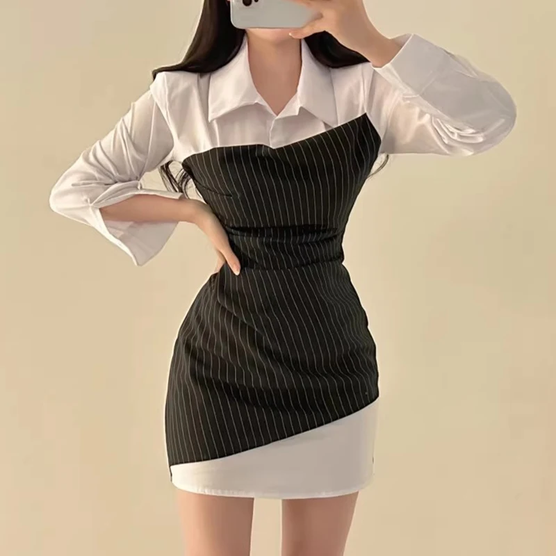 

Chic Spring Design Slim Fit Long Sve Dr Women's High Waist T with Patchwork Stripes Stand Collar Korean Sle