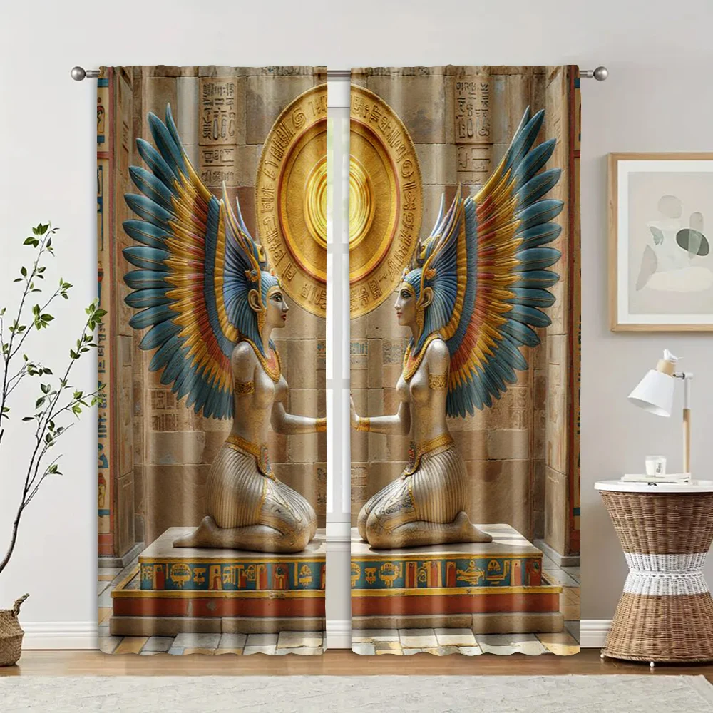 2pcs Ancient Egyptian Goddess Print Curtains Hieroglyphics Pattern Polyester Window Drapes for Living Room Bedroom Decor