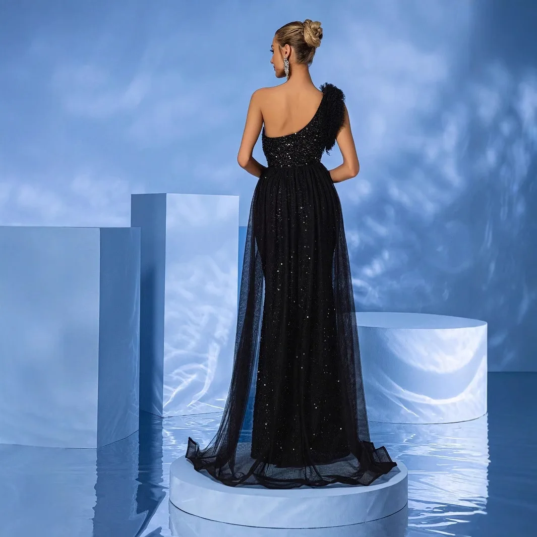 Vestido de noche semiformal de sirena sexy, vestido de fiesta con lentejuelas, un hombro, manga casquillo, vestido de invitados de boda de lujo, personalizado gratis 2025