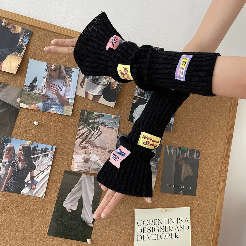 Pink Girl Fingerless Gloves Colorful Letter Label Y2k Girl Cute Arm Covers Arm Warmer Harajuku Cuffs Knitted Warm JK Accessories