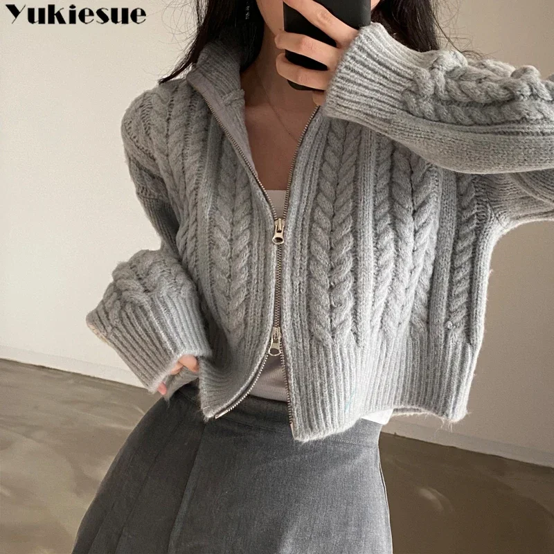 

Women Sweater Outerwear 2023 Autumn Winter Fashion Korean Versatile Retro Double Zipper Women Small Short Knit Cardigan Top