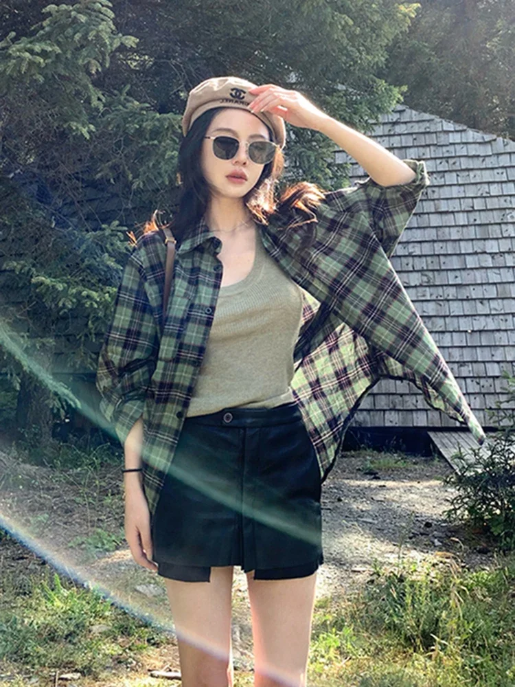 New Green Plaid Shirts Women Blouse Spring Summer Vintage Loose Button Up Shirt Coat Casual Long Sleeve Tops Y2k Clothes