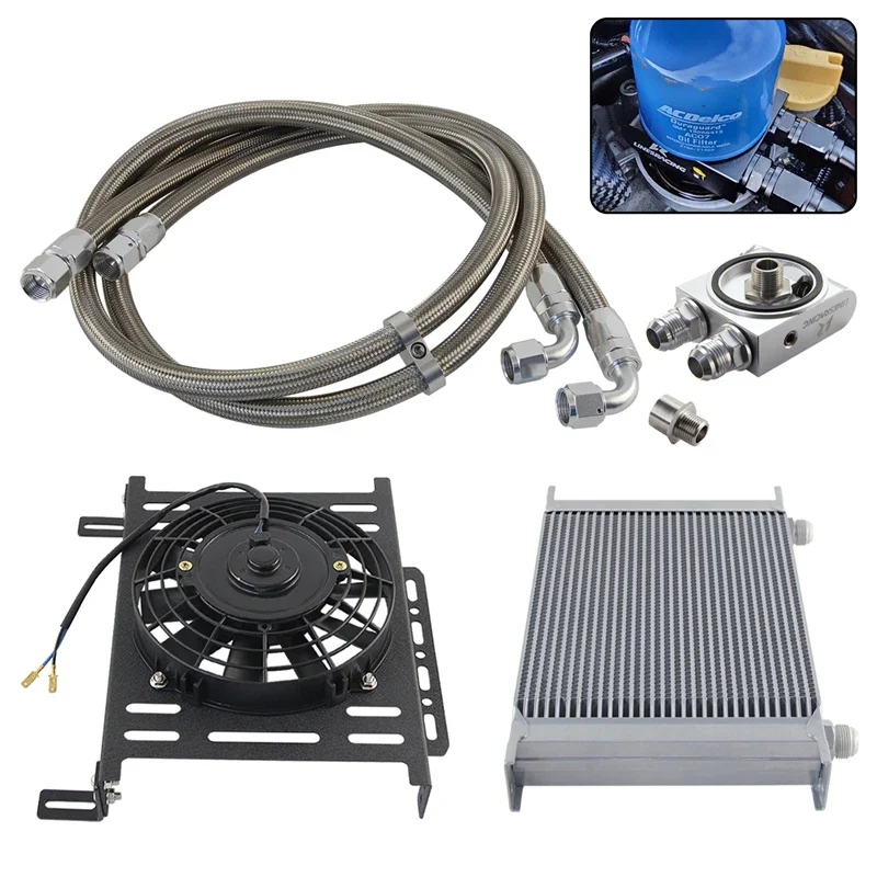 Universal Oil Cooler Kit Aluminum AN10 w/ Bracket Kit Thermostatic 73±0.5°+7'' Electric Fan Transmission Engine Silver/Black