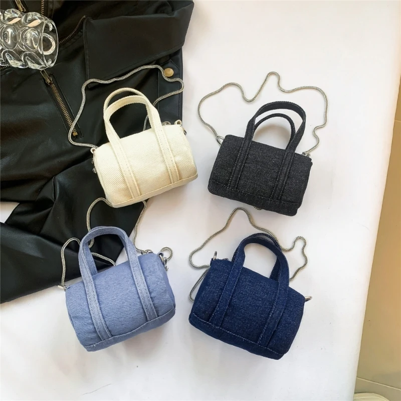 Women Cute Denim Canvas Chain Crossbody Shoulder Bag Coin Purse Korean Mini Handbag with Top Handle for Lipstick and Small Item