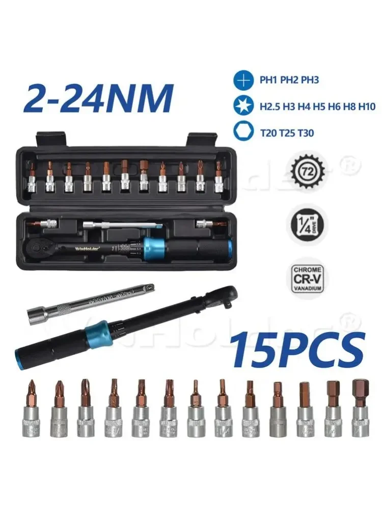 AliExpress WinHolder 15Pcs/Set Bicycle Torque Wrench Set 1/4" 2-24Nm Dual Direction Bike Allen Key Tool Socket Preset Type Spanner Repair Tool Kits