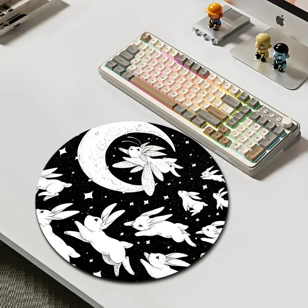 HYBXAXC  Moon Rabbit Black White Line Art Round Mouse Pad Rubber Desk for Gaming Office Large Extended with Stitched Edges