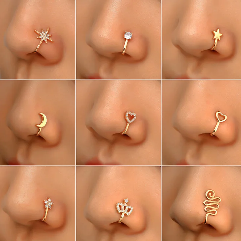 1 piece copper Nose Ring NOSE Clip Heart Star Crown Nasal CLIP Ear Cuff clip Earring Fake Body Jewelry Piercing In nose Studs