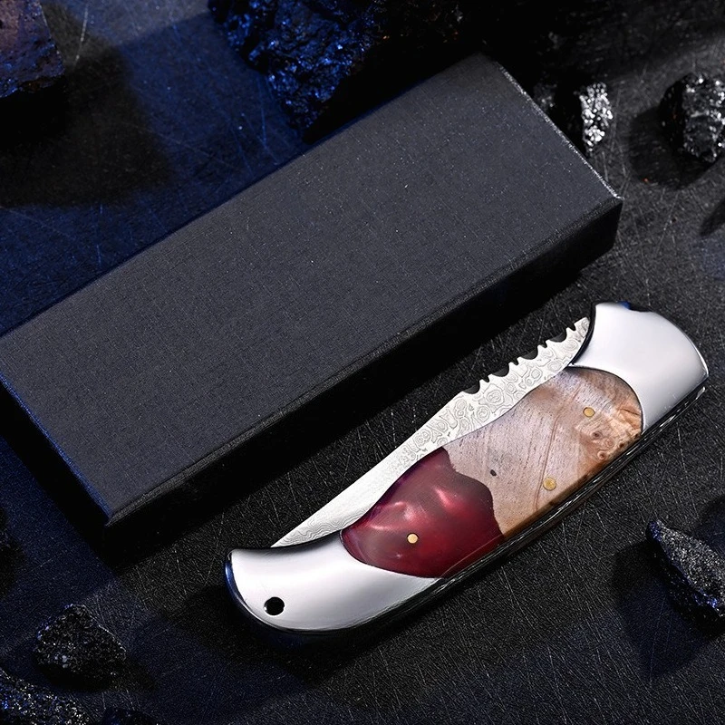 

VG10 Damascus Steel Tree Burl with Resin Handle Folding Knife Camping Outdoor High-hardness Portable Fruit EDC Tools