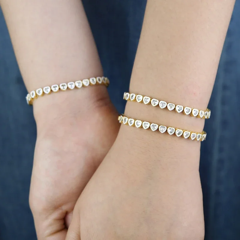 

Hot Selling Gold Color Micro Pave Clear CZ White Enamel Heart Shaped Tennis Chain Bracelet for Women Fashion