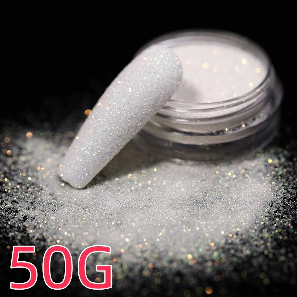 50 g weißes, glänzendes, schillerndes Nagel-Glitzerpulver, glänzendes, schillerndes Glitzer-Zucker-Sandpulver für Nägel, 0,1 mm, superfeiner Gel-Nagellack