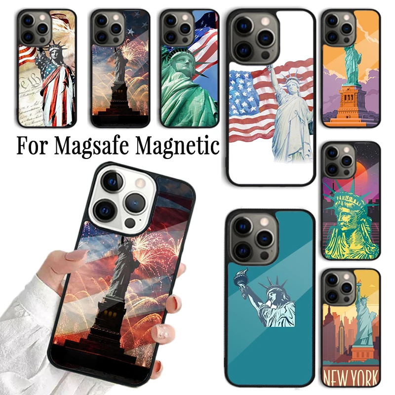 Phone Case For iPhone 16 15 14 13 12 11 Pro Max Plus Magsafe Magnetic Wireless Charging Cover America Flag Statue of Liberty